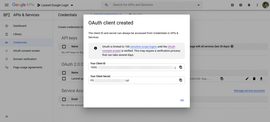 Google console - oauth client creation confirmation