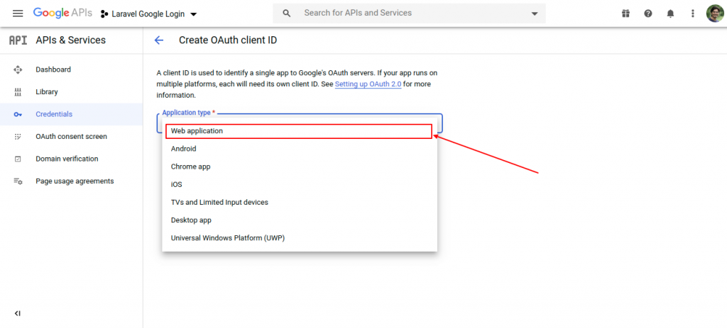 Google console - oauth client ID creation