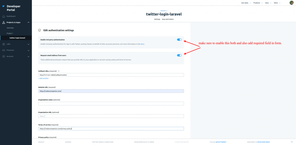 Authentication setting of twitter app