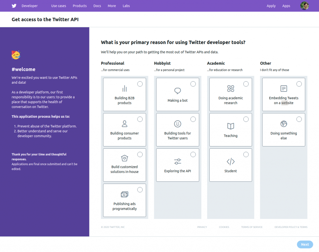 Primary reason selection page for twitter app